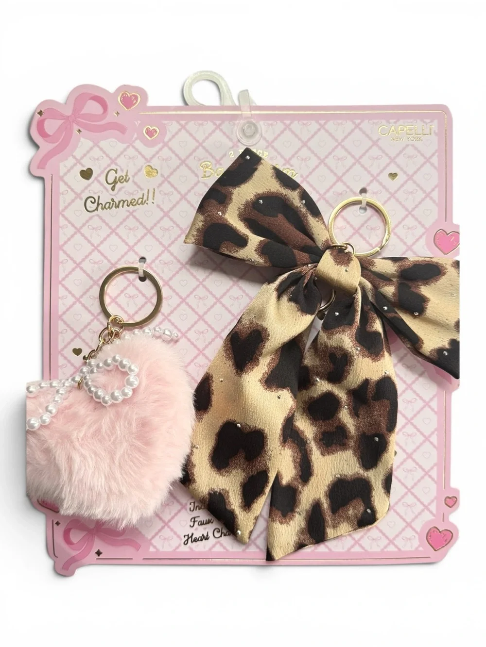Capelli New York 2 Piece Bag Charm Set Leopard Bow Pink Faux Fur Pom Pom NWT
